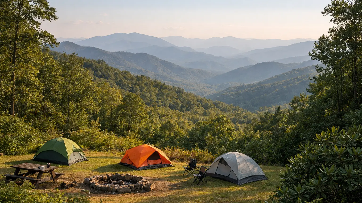 Layered Blue Ridge ridgelines above a wooded valley in Western North Carolina