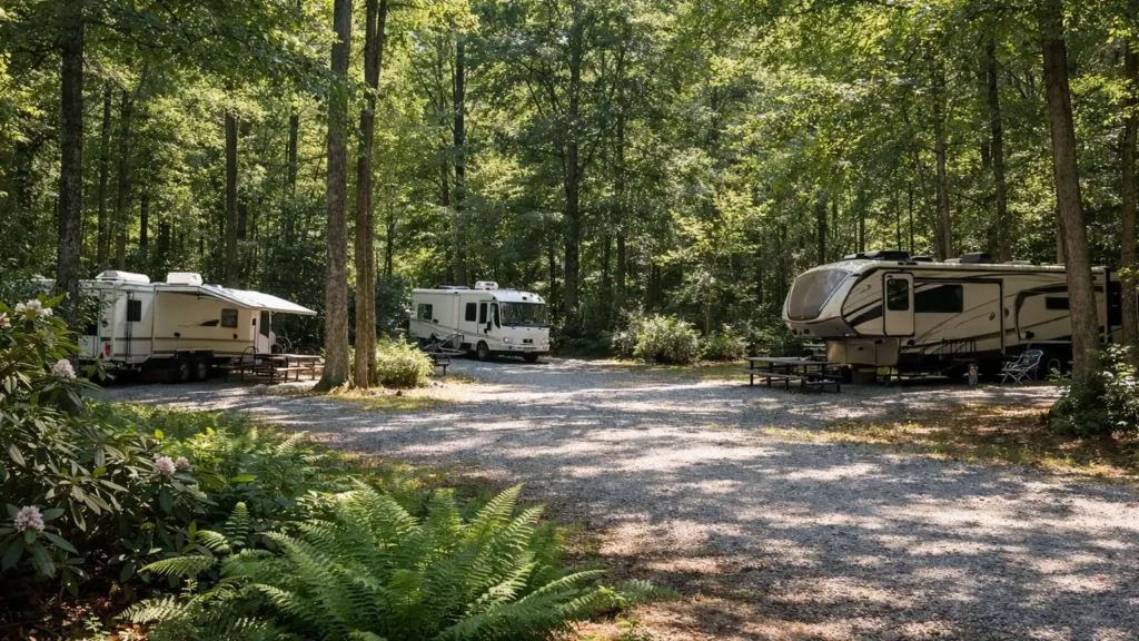 RV campsites among hardwood trees near Hendersonville, NC