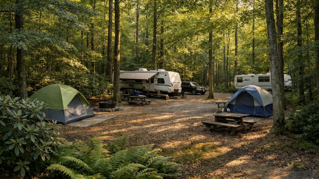 Tent and RV campsites among hardwood trees near Swannanoa, NC