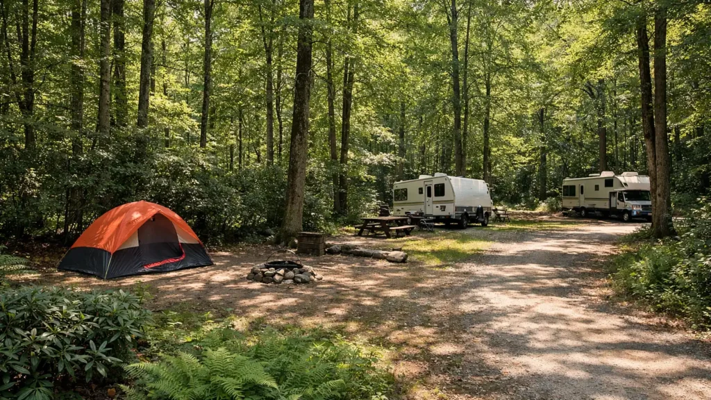 Tent and RV campsites among hardwood trees near Candler, NC