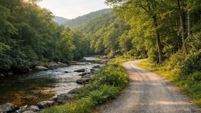 Wooded river valley road in the Blue Ridge near Asheville