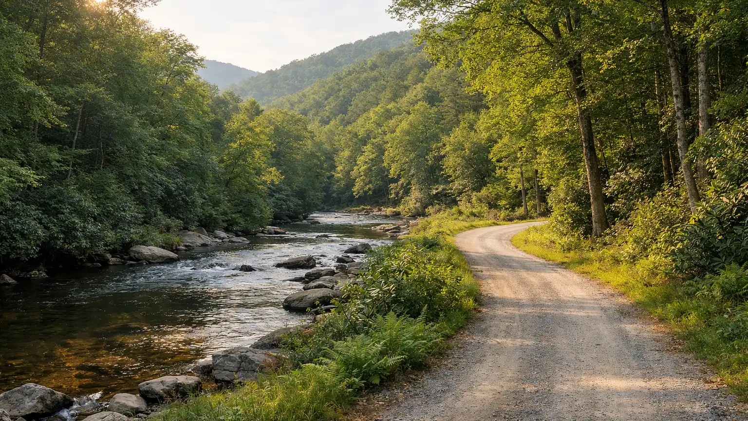 Wooded river valley road in the Blue Ridge near Asheville