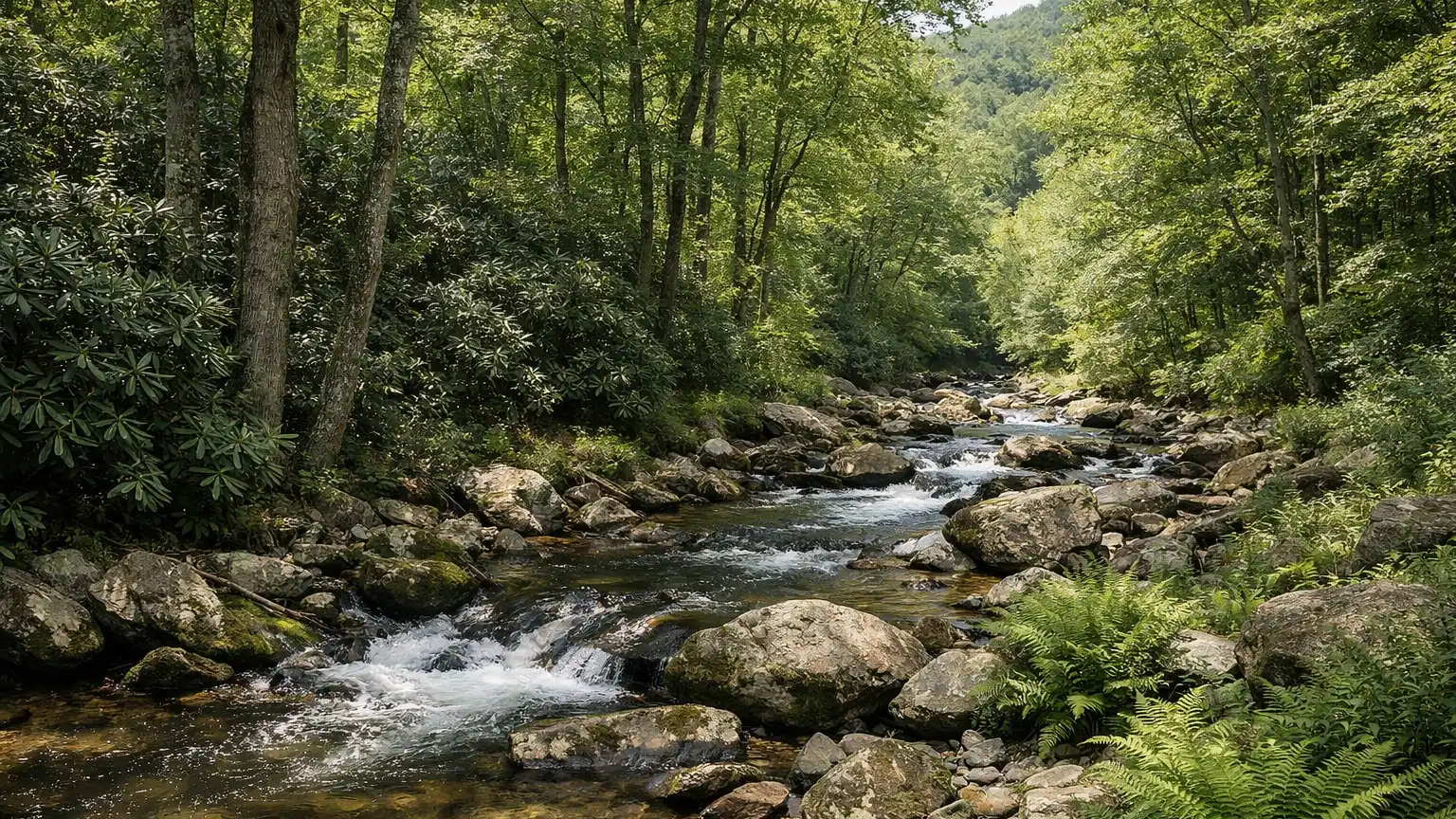 Wooded creek valley with hardwood trees near Asheville