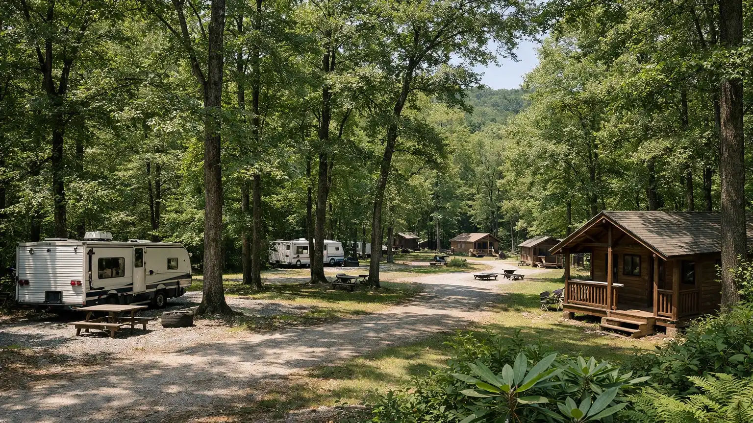 Family campground with RV sites and cabins under hardwood trees