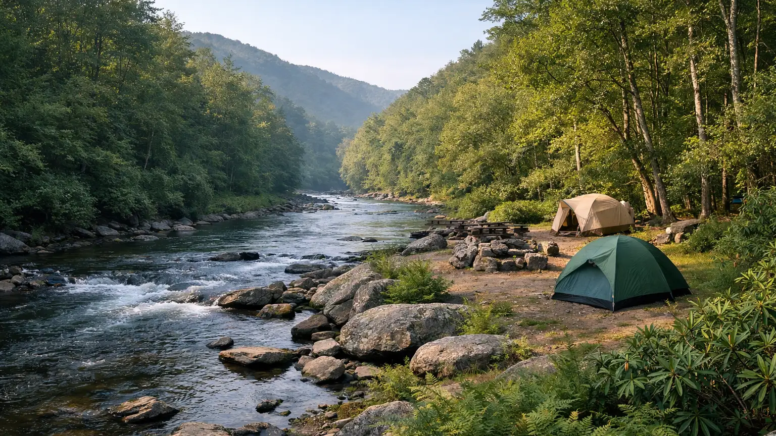 Clear mountain river and riverside campsites near Bryson City, NC