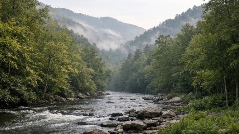River valley with misty forested ridges near Cherokee
