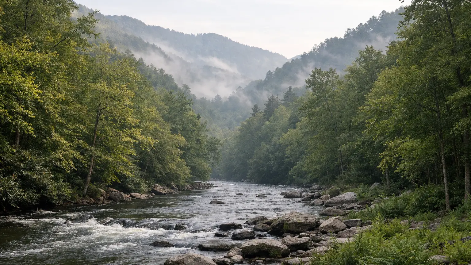 River valley with misty forested ridges near Cherokee