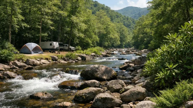 Boulder-strewn mountain creek with rhododendron at the edge of the Great Smoky Mountains
