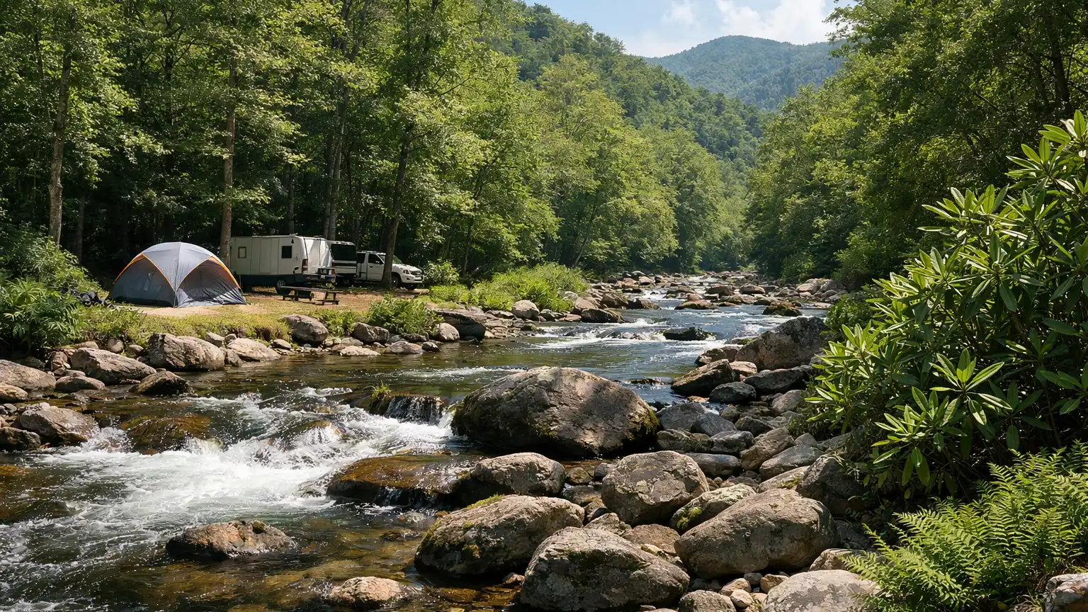 Boulder-strewn mountain creek with rhododendron at the edge of the Great Smoky Mountains