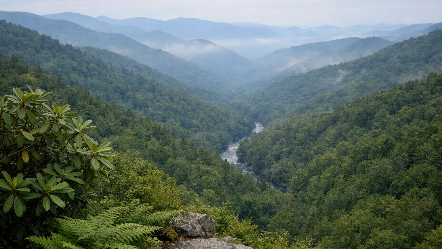 Misty Great Smoky Mountains ridges over a forested valley in North Carolina