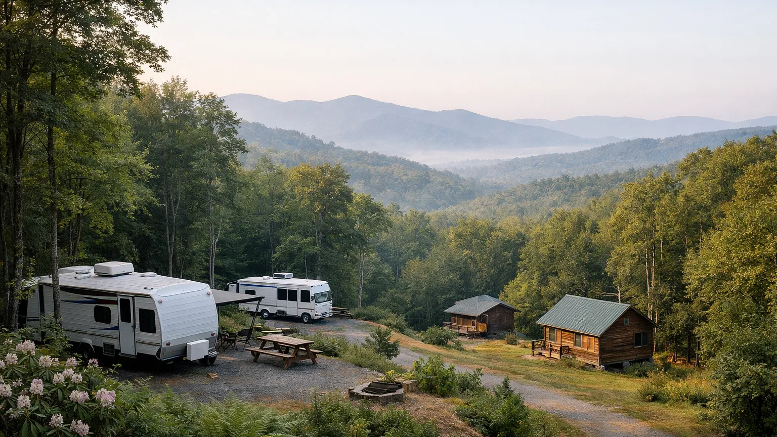 RV sites and cabins on a wooded hillside near Asheville, NC