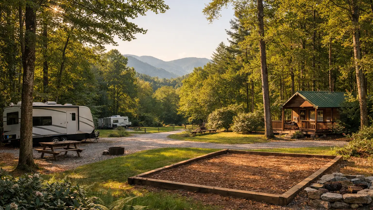 Campground with RV sites, tent pads and a cabin in a wooded mountain setting