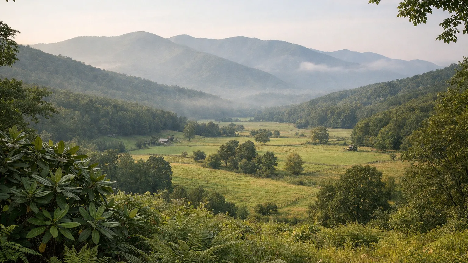 Mountain valley with fields below a Smokies ridgeline near Maggie Valley