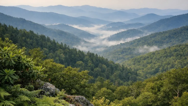 Blue-haze Smoky Mountains ridgelines in morning mist
