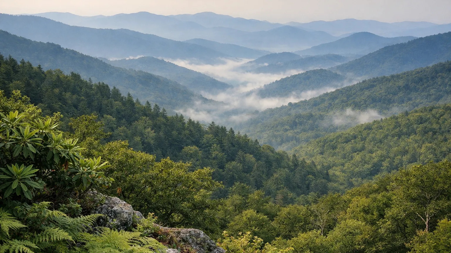 Blue-haze Smoky Mountains ridgelines in morning mist