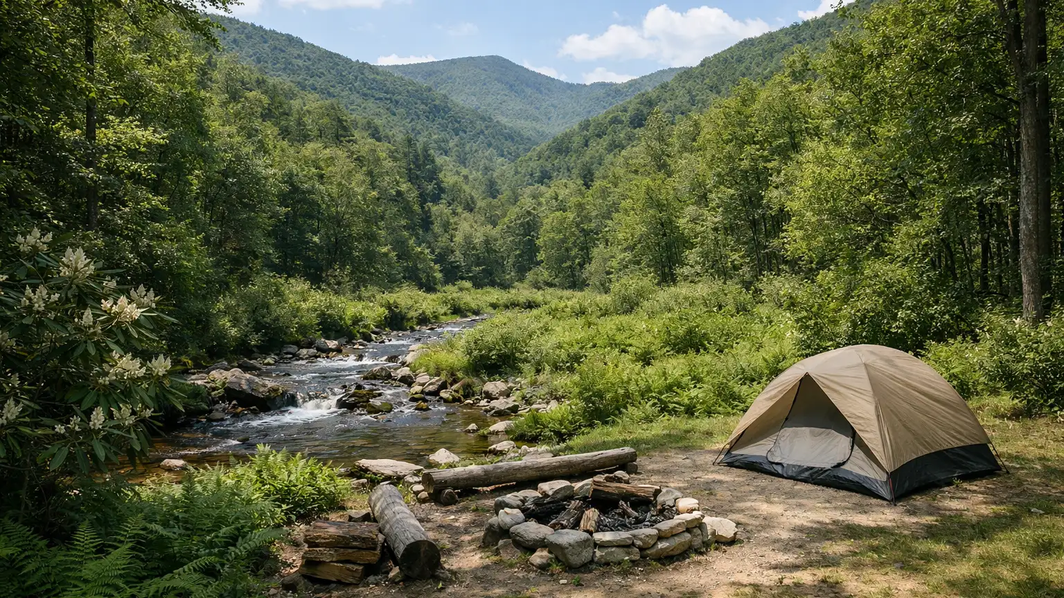 Forested basin ringed by Appalachian ridgelines with a mountain stream, Nantahala National Forest area
