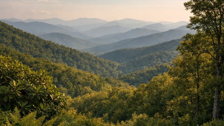 Layered Blue Ridge ridgelines above a wooded valley