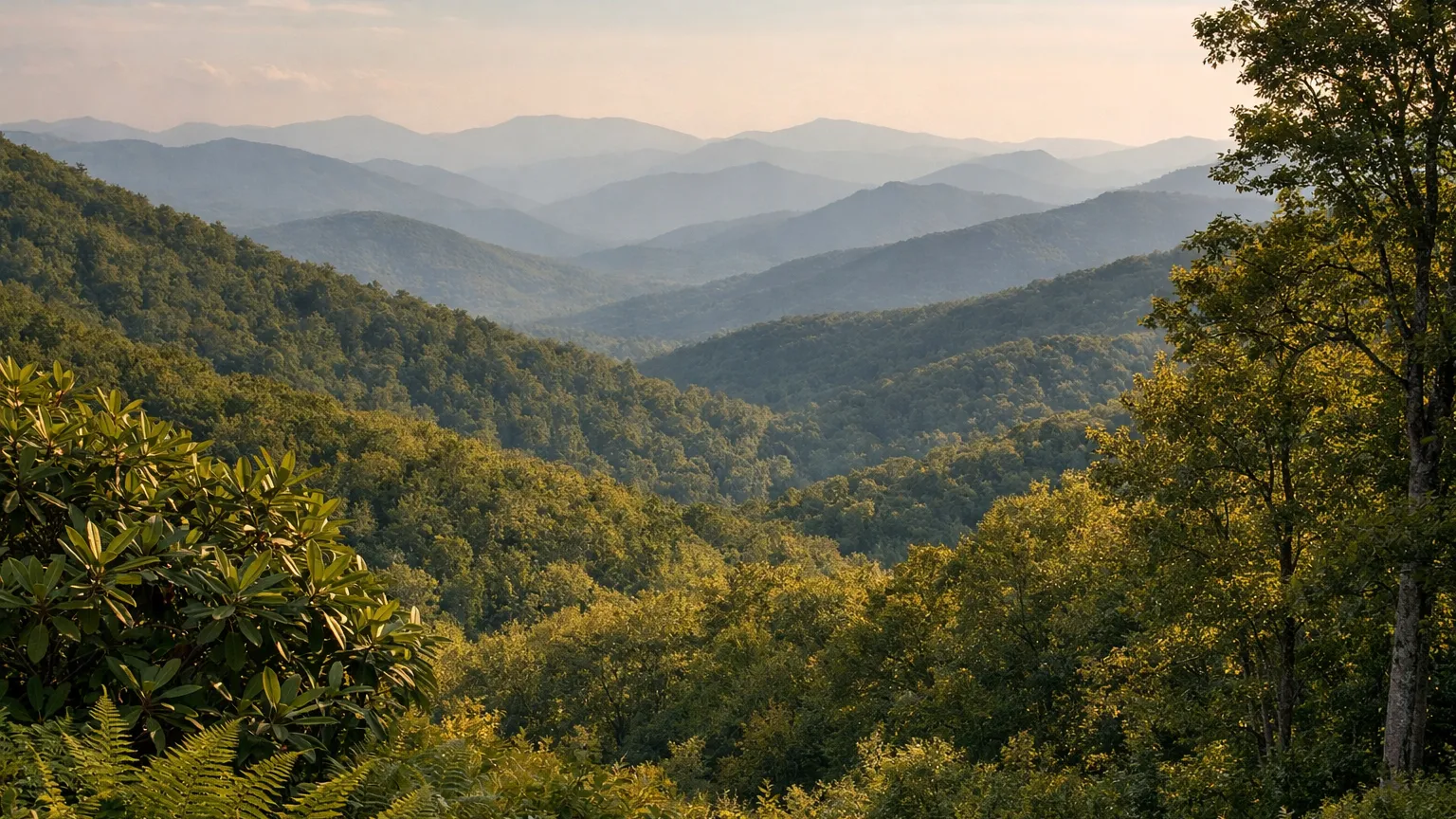Layered Blue Ridge ridgelines above a wooded valley