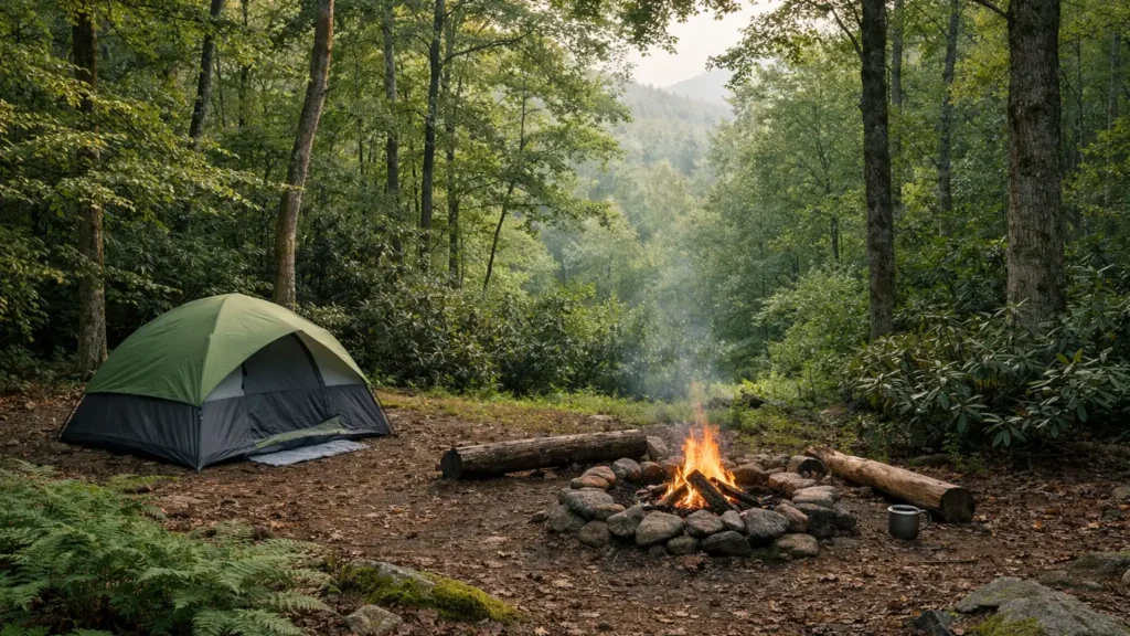 Tent campsite under hardwood trees near Cherokee, NC