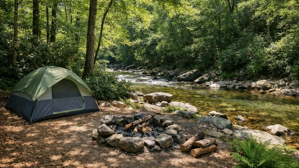 Tent campsite under hardwood trees beside a mountain river near Burnsville, NC
