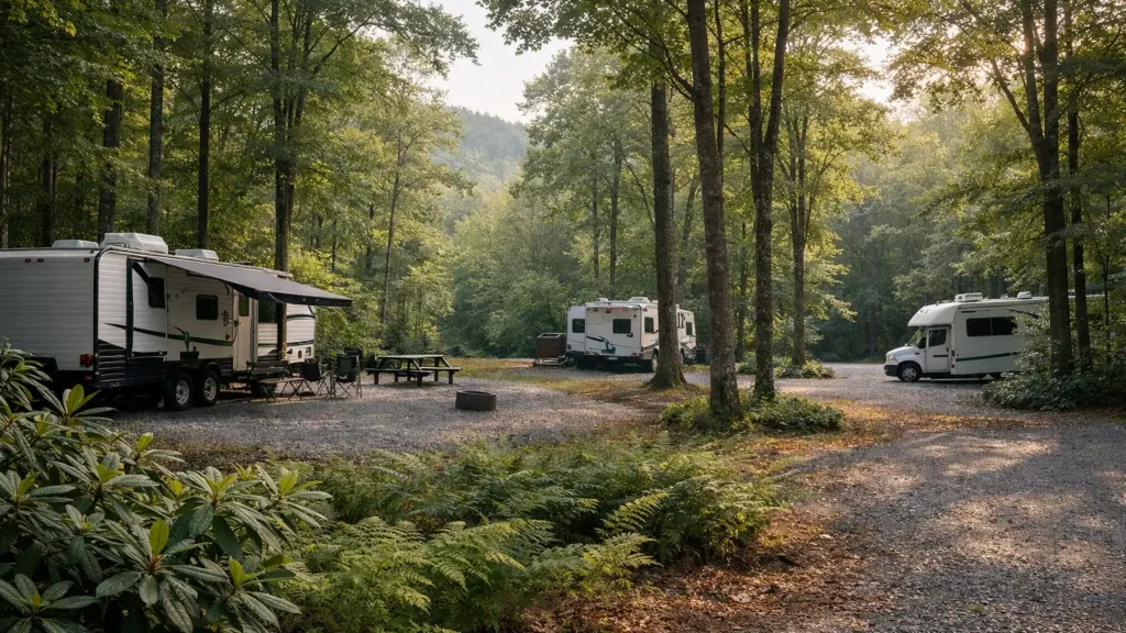 RV campsites among hardwood trees near Hendersonville, NC