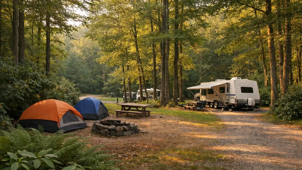 Tent and RV campsites among hardwood trees near Boone, NC
