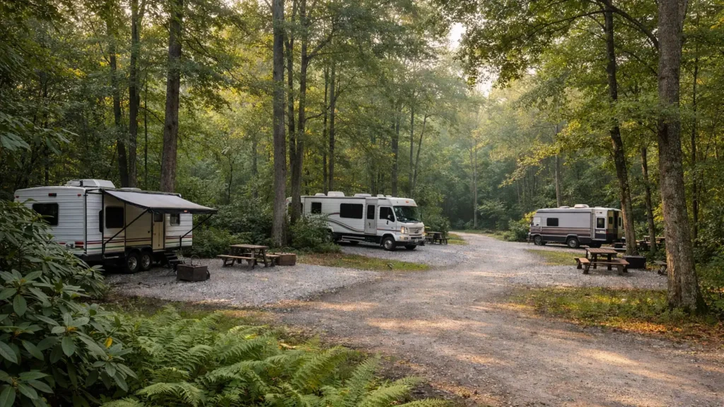 RV campsites among hardwood trees near Brevard, NC
