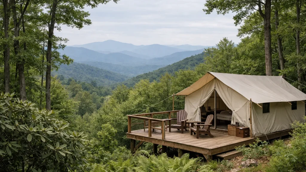Glamping tent among hardwood trees with mountain ridgelines beyond near Asheville, NC
