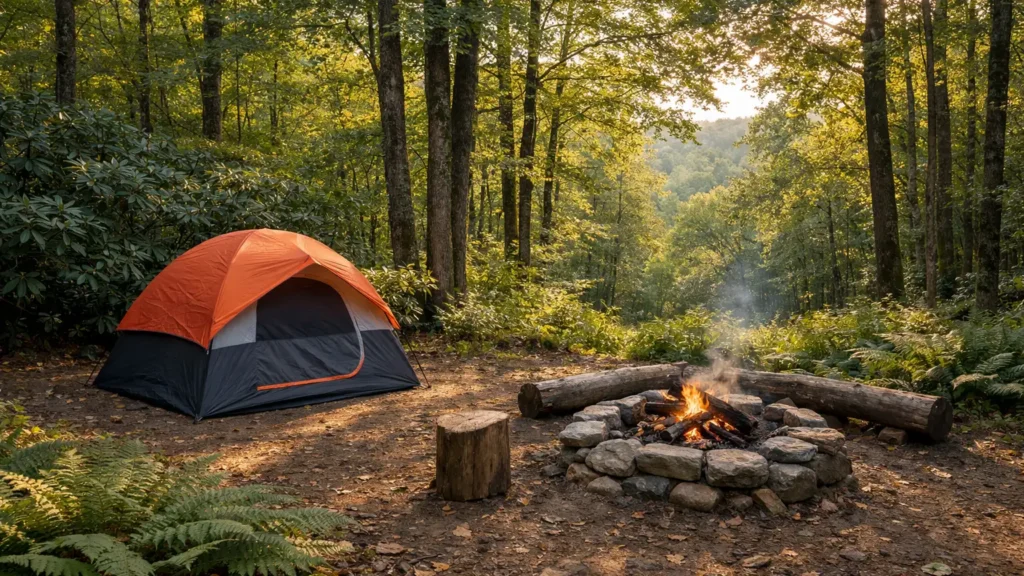 Tent campsite under hardwood trees near Waynesville, NC