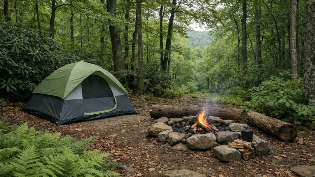 Tent campsite under hardwood trees near Waynesville, NC