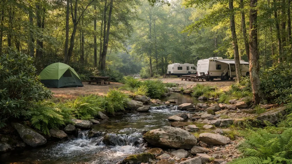 Tent and RV campsites among hardwood trees beside a mountain creek near Old Fort, NC