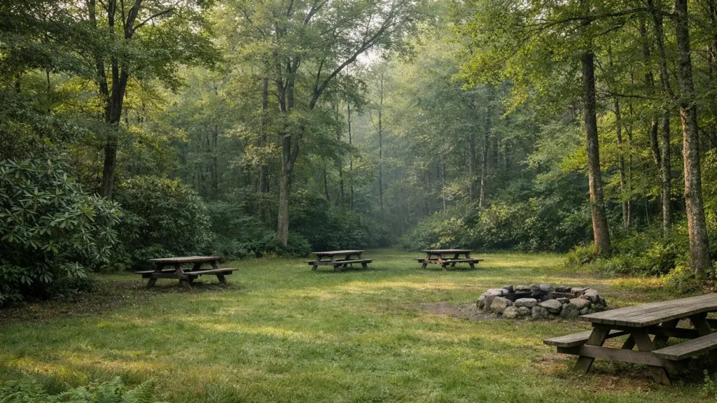 Group campsite under hardwood trees near Pisgah Forest, NC