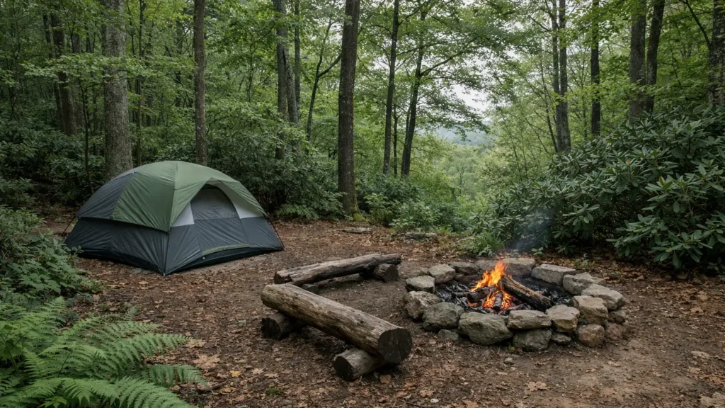 Tent campsite under hardwood trees near Nebo, NC