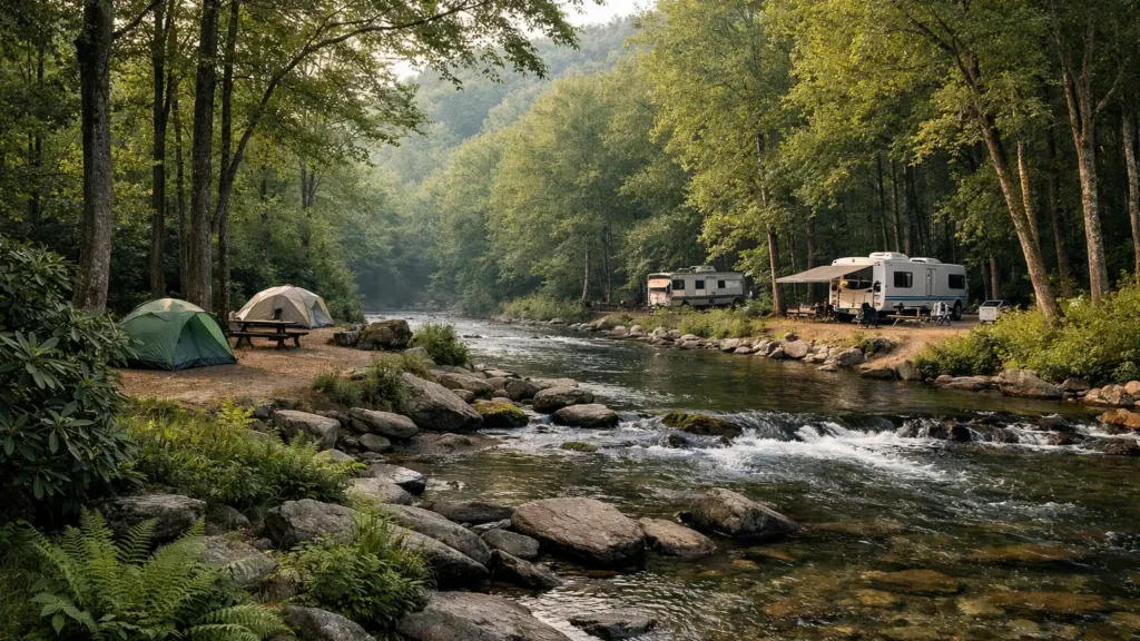 Tent and RV campsites among hardwood trees beside a mountain river near Brevard, NC