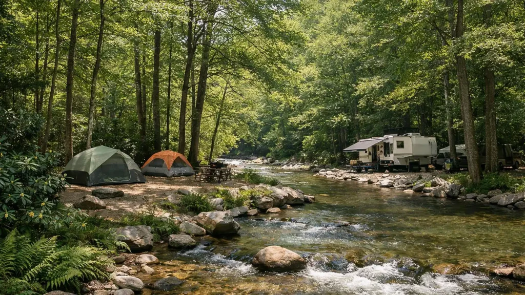Tent and RV campsites among hardwood trees beside a mountain river near Asheville, NC