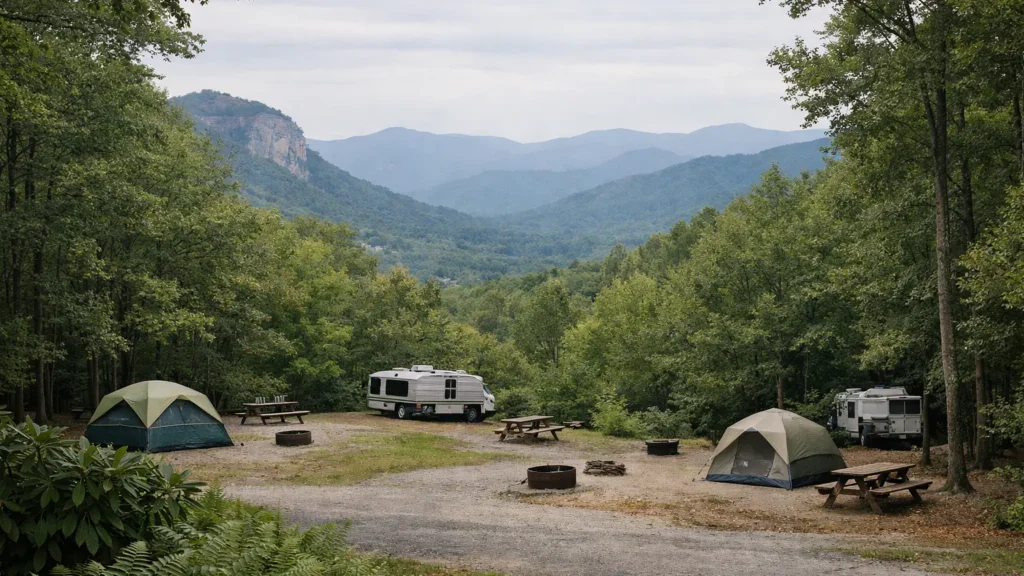 Campground in a wooded mountain setting with mountain ridgelines beyond near Chimney Rock, NC