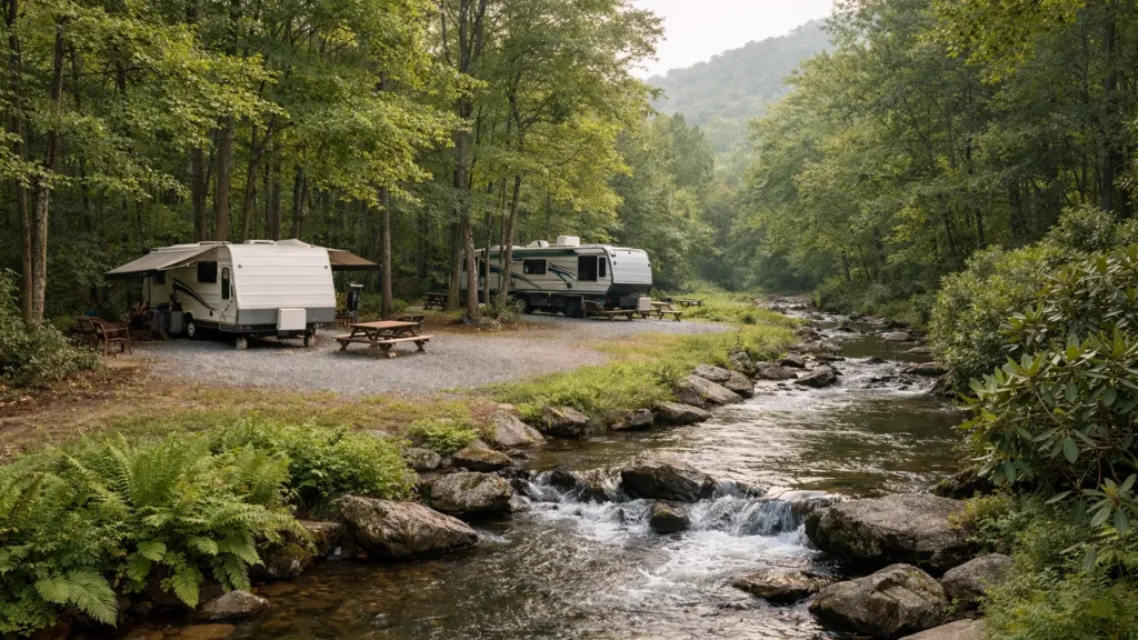 RV campsites among hardwood trees beside a mountain creek near Maggie Valley, NC