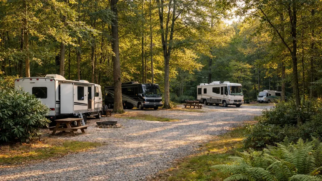 RV campsites among hardwood trees near Hendersonville, NC