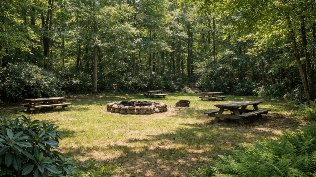 Group campsite under hardwood trees near Pisgah Forest, NC