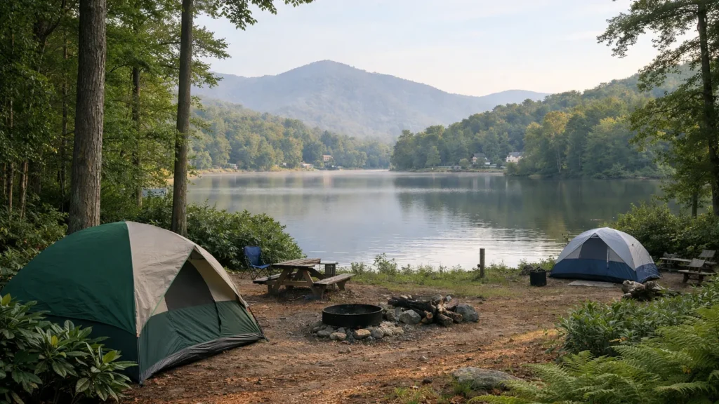 Campground in a wooded mountain setting near a mountain lake near Lake Junaluska, NC