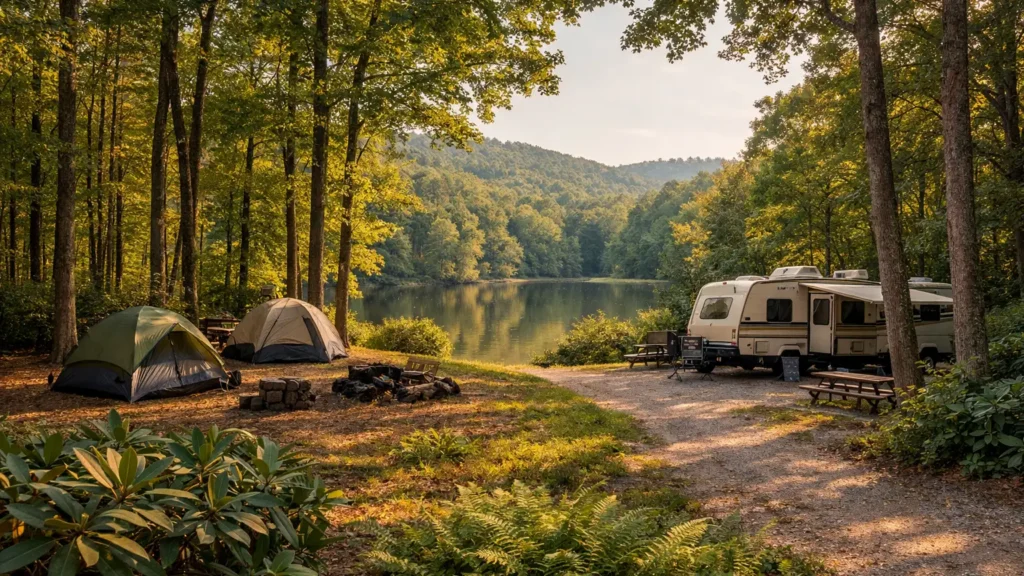 Tent and RV campsites among hardwood trees near a mountain lake near Asheville, NC