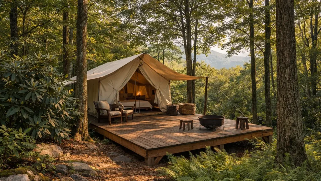 Glamping tent among hardwood trees near Asheville, NC
