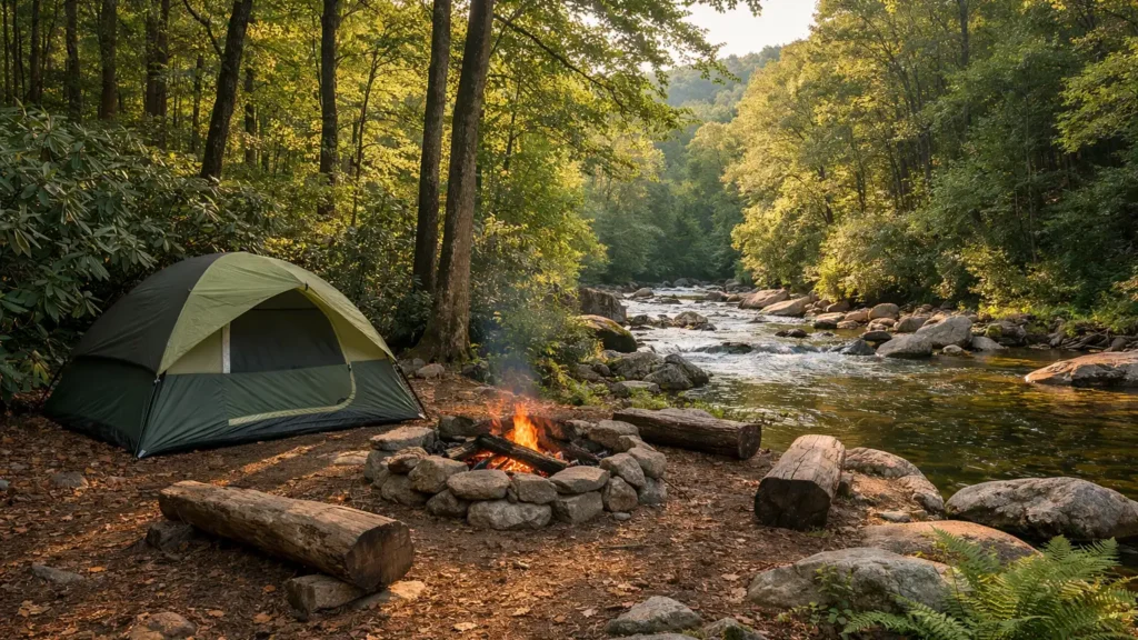 Tent campsite under hardwood trees beside a mountain river near Mills River, NC