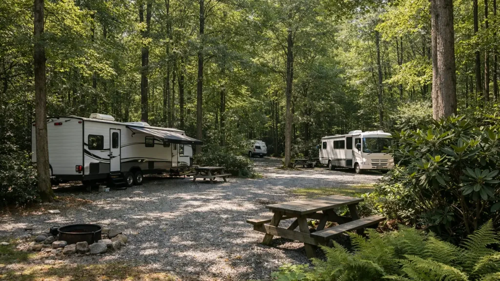 RV campsites among hardwood trees near Fletcher, NC