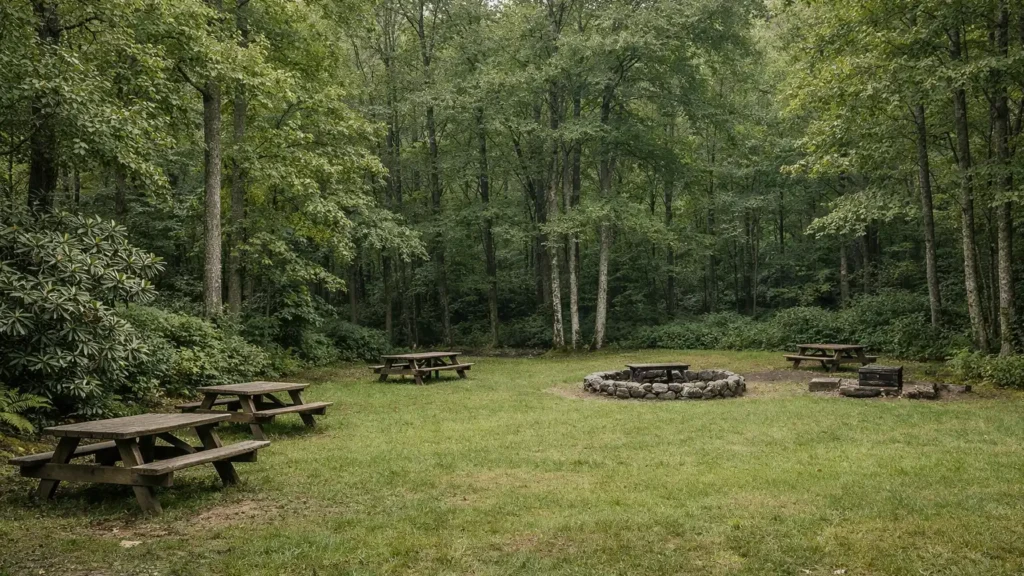 Group campsite under hardwood trees near Robbinsville, NC