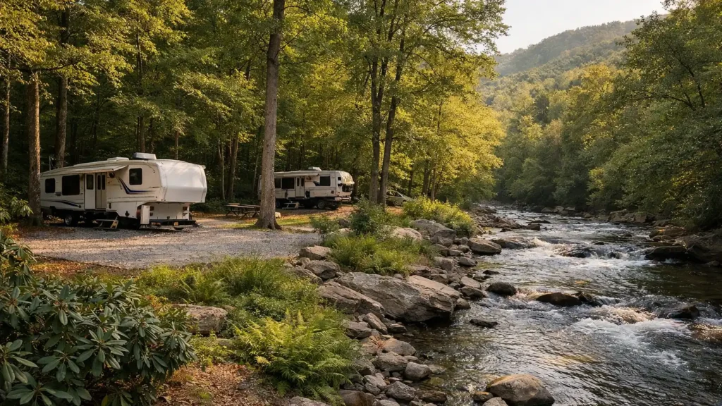 RV campsites among hardwood trees beside a mountain river near Marion, NC