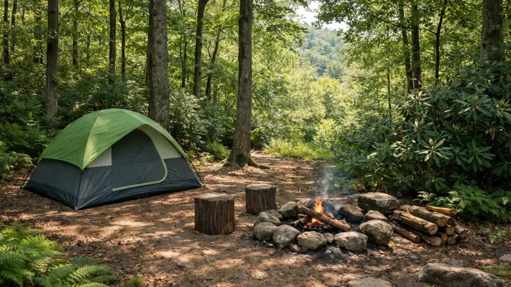 Tent campsite under hardwood trees near Hot Springs, NC