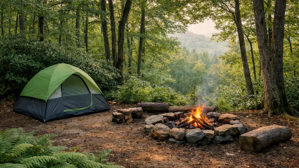 Tent campsite under hardwood trees near Franklin, NC