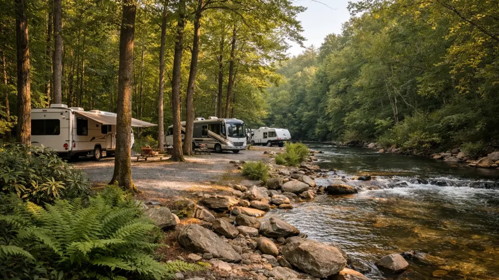 RV campsites among hardwood trees beside a mountain river near Bryson City, NC