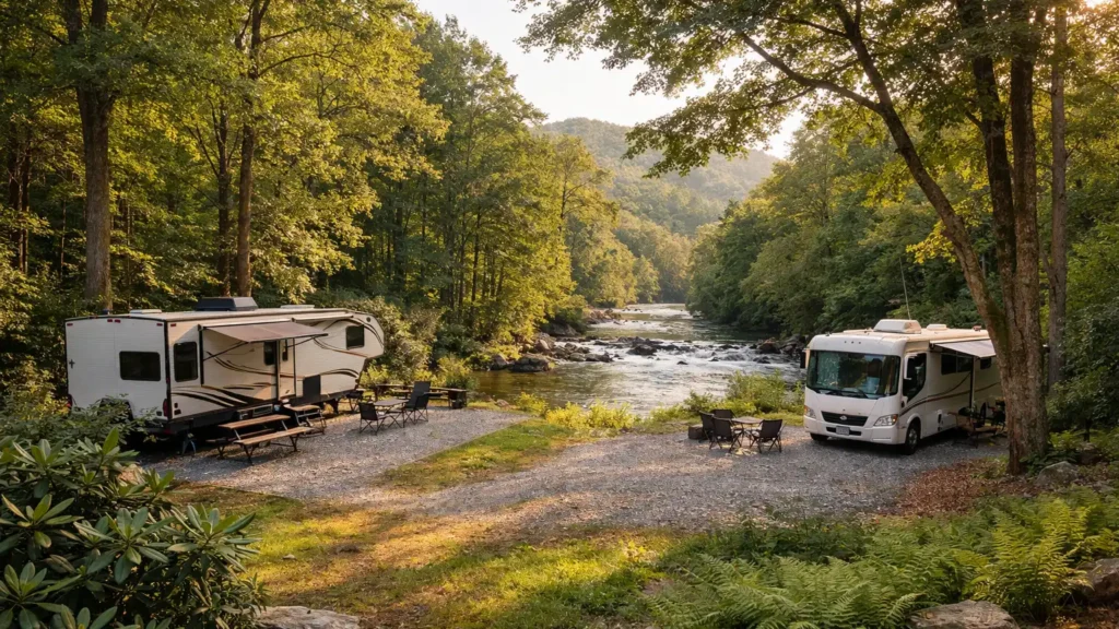 RV campsites among hardwood trees beside a mountain river near Asheville, NC